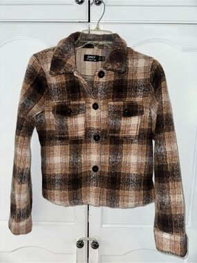 ONLY Plaid Cropped Jacket Small Brown Wool Blend